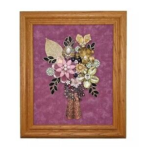 Vintage Jewelry Art FLOWERS IN VASE in Wood Frame 12" x 10"